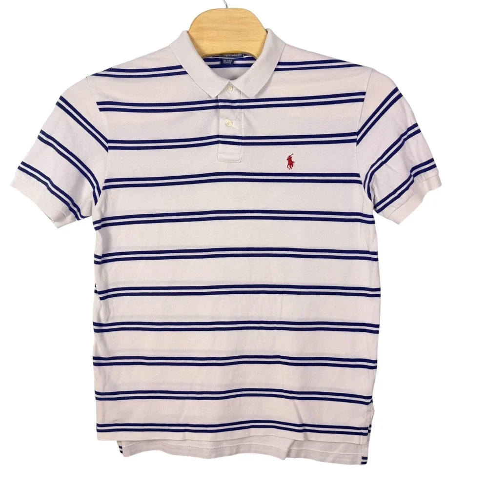 Vintage Polo Ralph Lauren Polo Shirt Men L Blue White Stripe Pony Pique Cotton